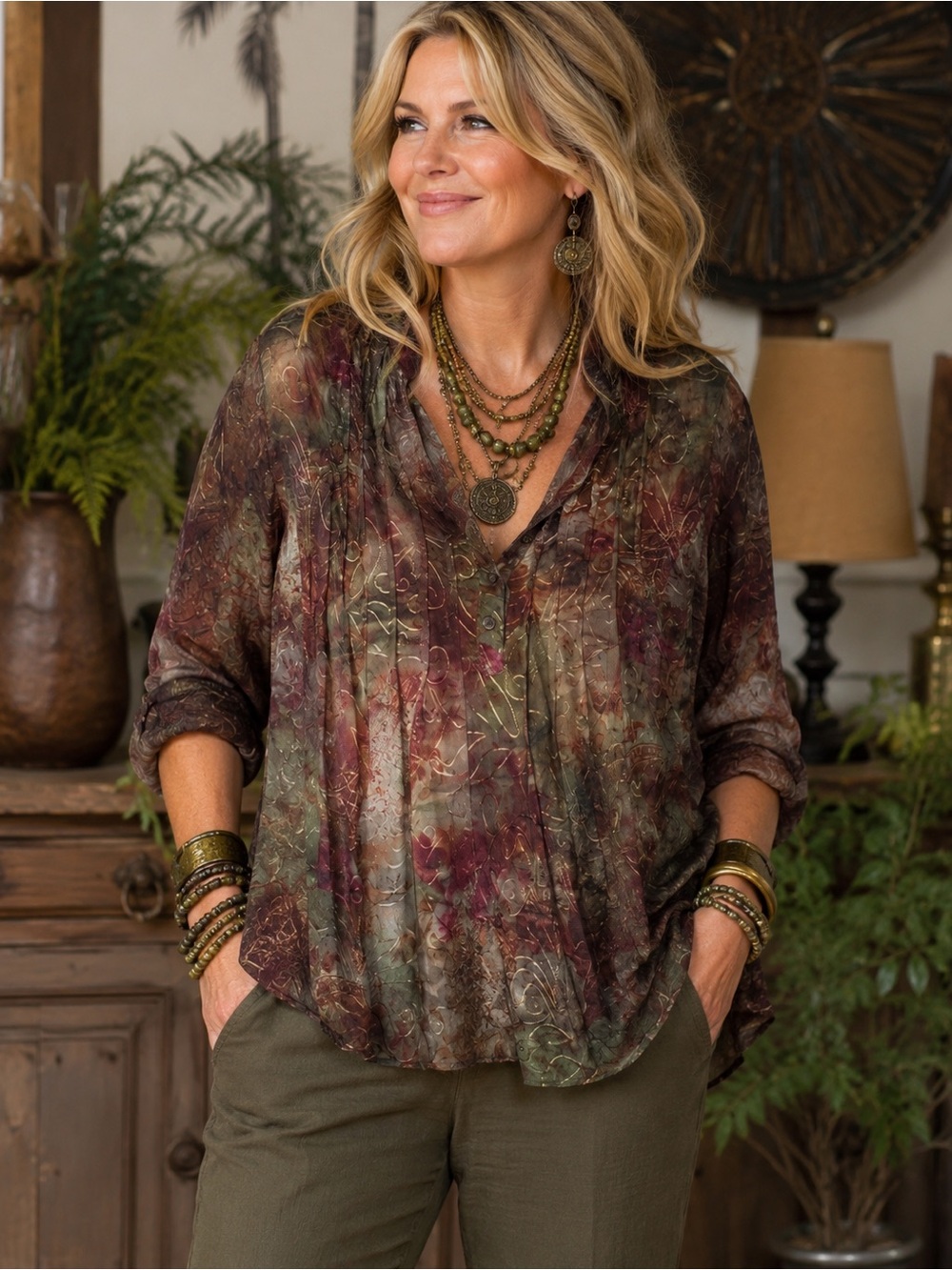 1X Cocomo Multi-Tone Earthy Watercolor Blouse